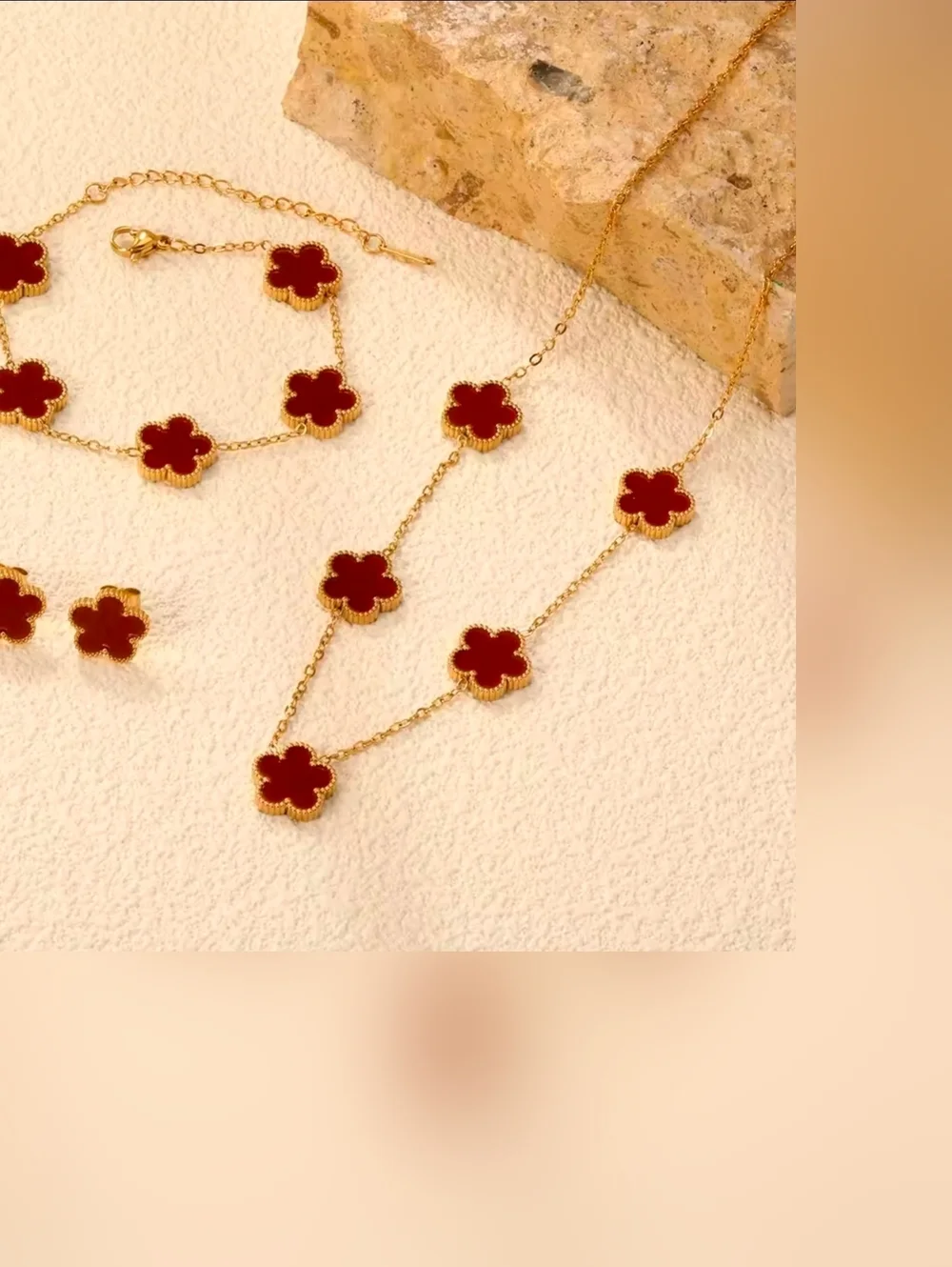 Gold-Tone Necklace Bracelet & Stud Set with Red Clover Motifs